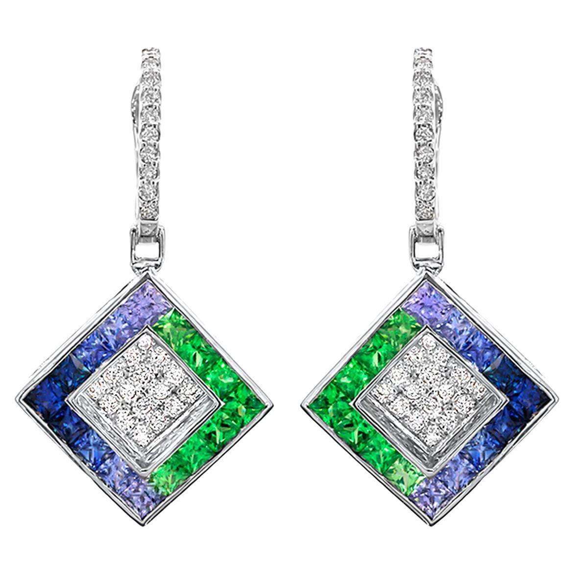 Sapphires and Tsavorites Dangle Earring Diamonds 4.27 Carats 18K White Gold