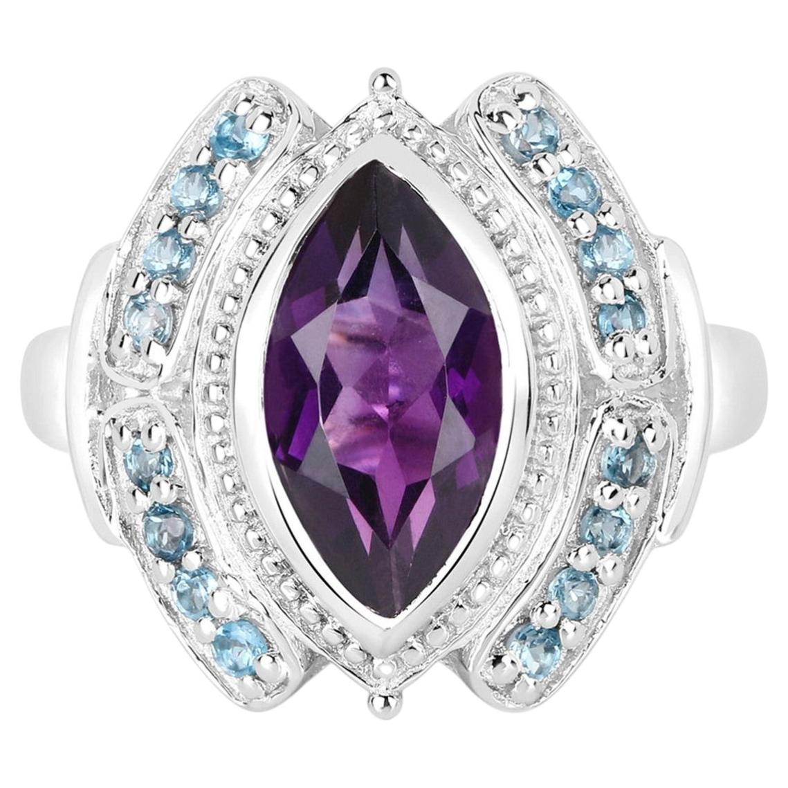 Amethyst Ring With London Blue Topaz 3.02 Carats Sterling Silver