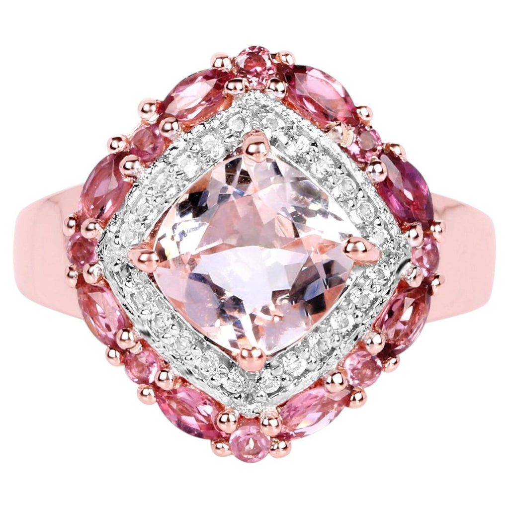 Morganite Ring With Pink Tourmaline 3.04 Carats Gold Plated Silver