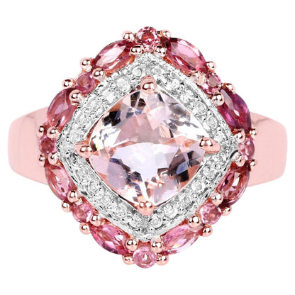 Morganite Ring With Pink Tourmaline 3.04 Carats Gold Plated Silver