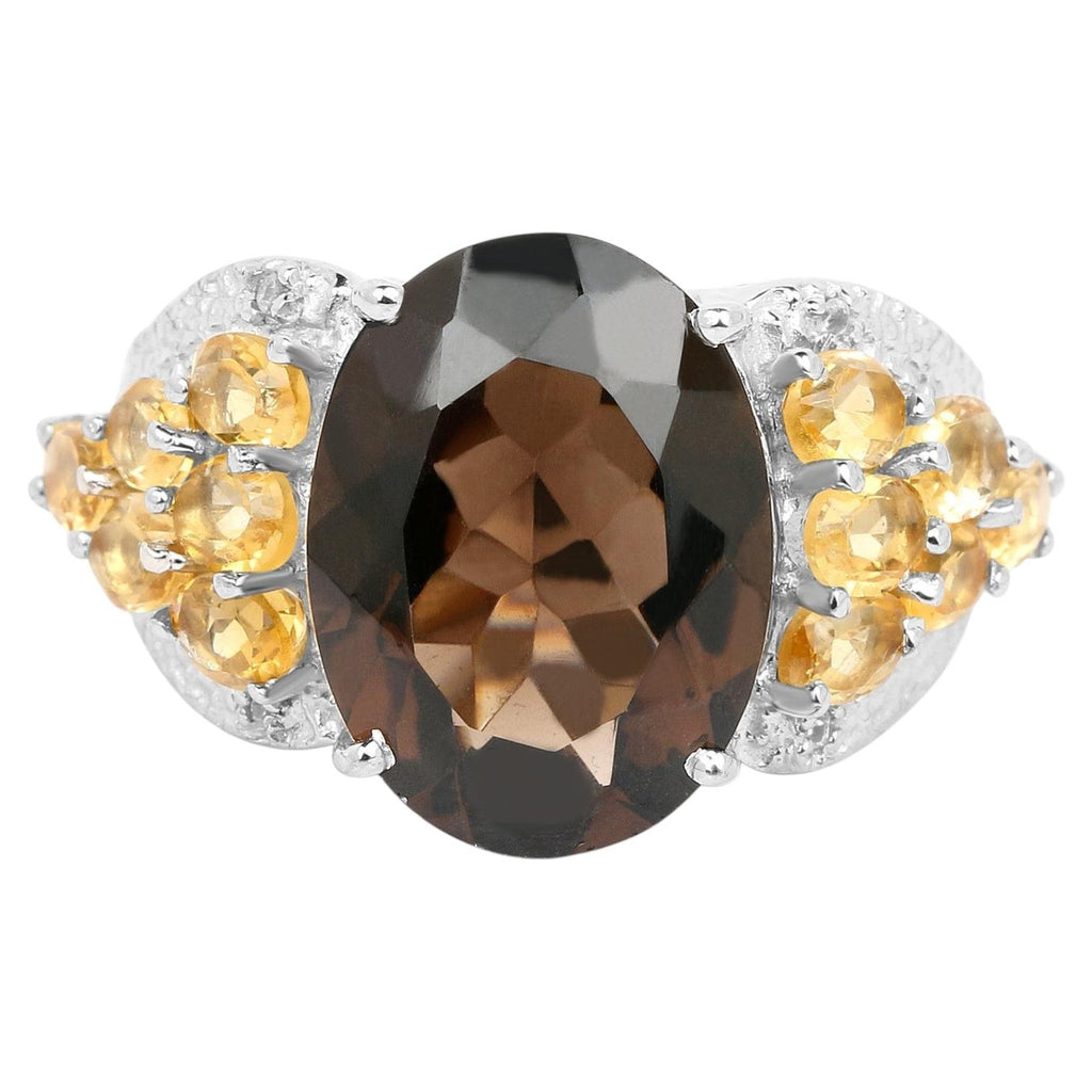 Smoky Quartz Ring With Citrine and White Topaz 9.7 Carats Sterling Silver
