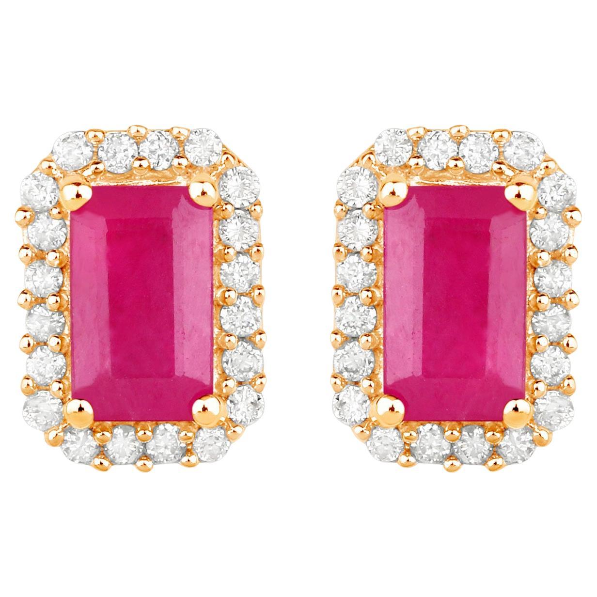 Ruby Earrings Diamond Halo 0.74 Carats 14K Yellow Gold