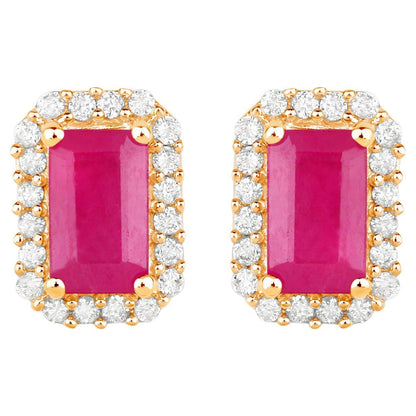 Ruby Earrings Diamond Halo 0.74 Carats 14K Yellow Gold