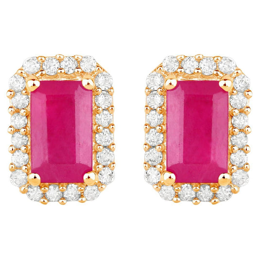 Ruby Earrings Diamond Halo 0.74 Carats 14K Yellow Gold