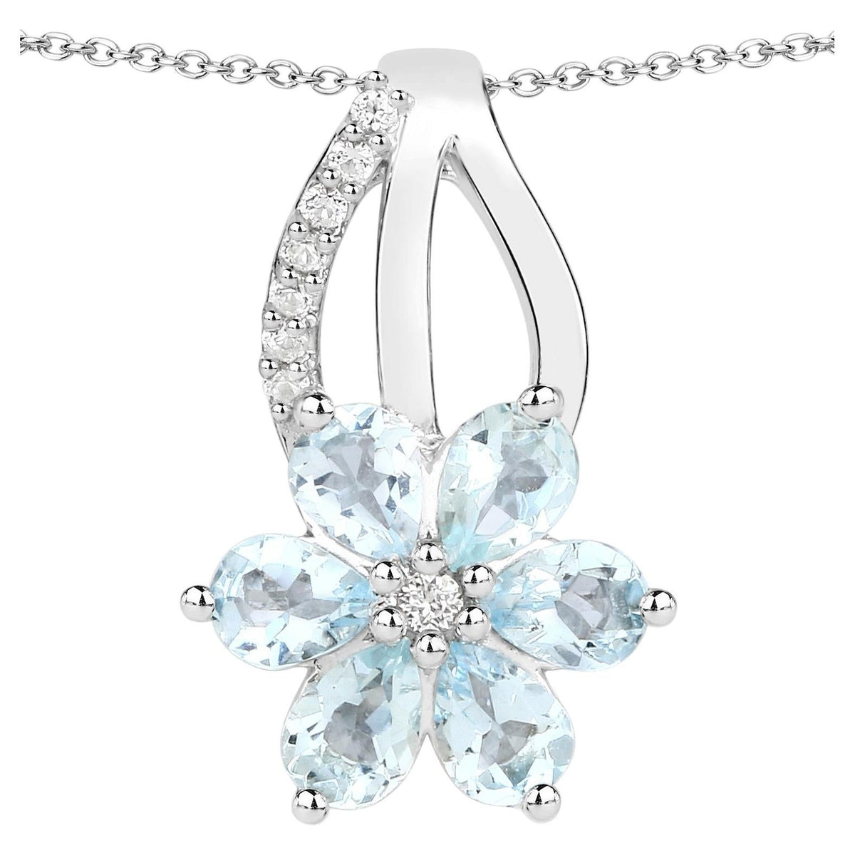 Aquamarine Flower Pendant With White Topaz 0.74 Carats Sterling Silver
