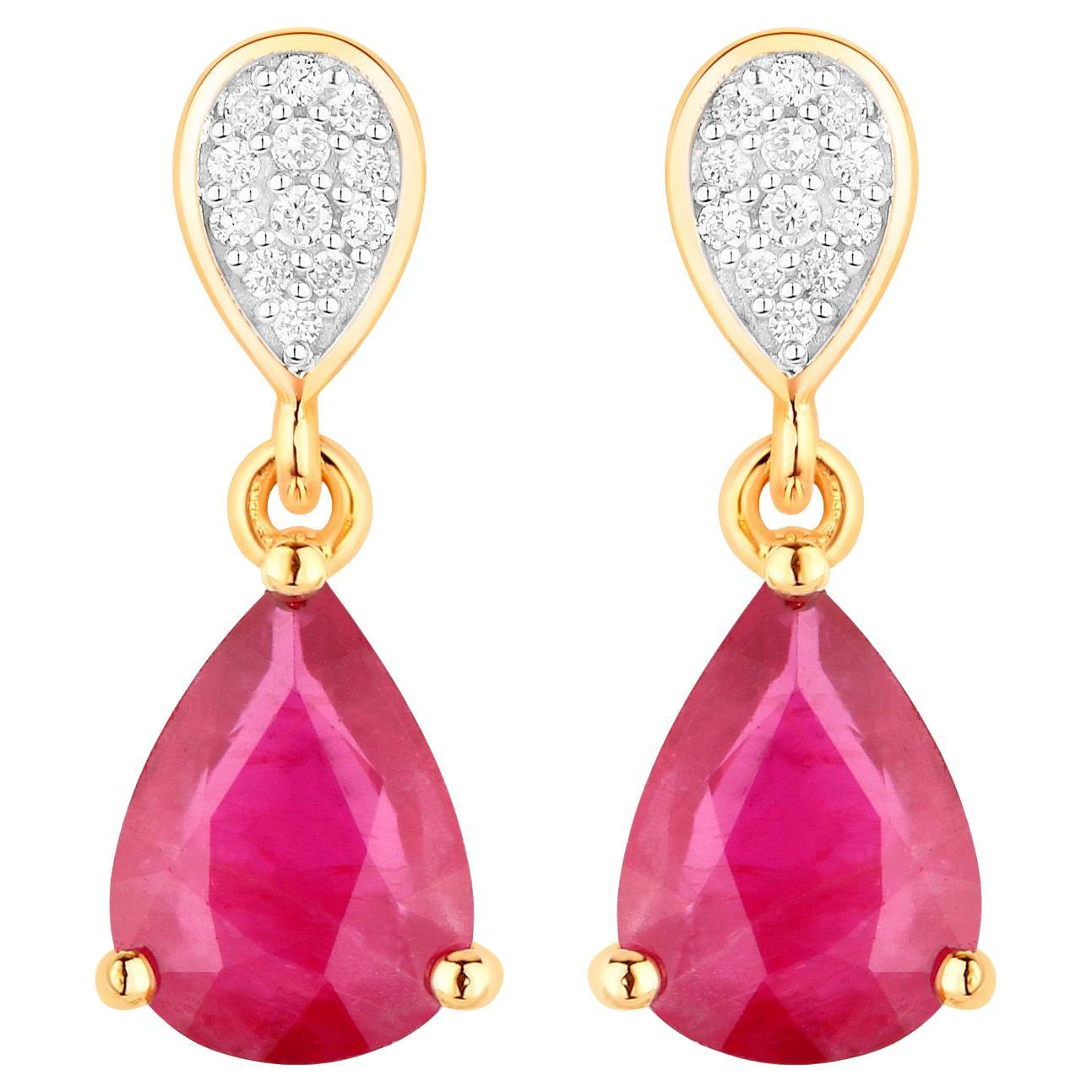Ruby Teardrop Earrings Diamonds 2.4 Carats 14K Yellow Gold