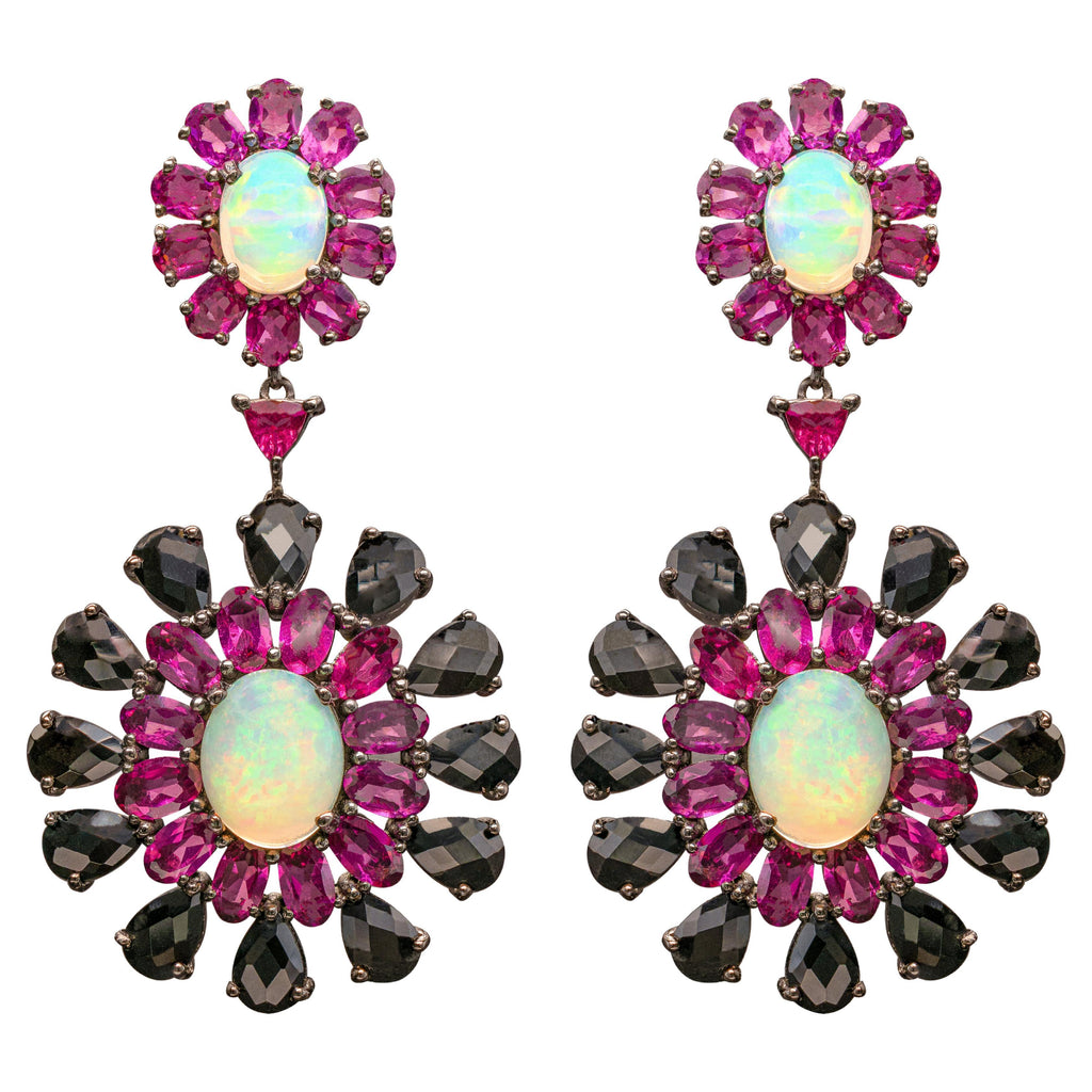 Ethiopian Opal Dangle Earrings Rhodolite and Black Spinel 29 Carats