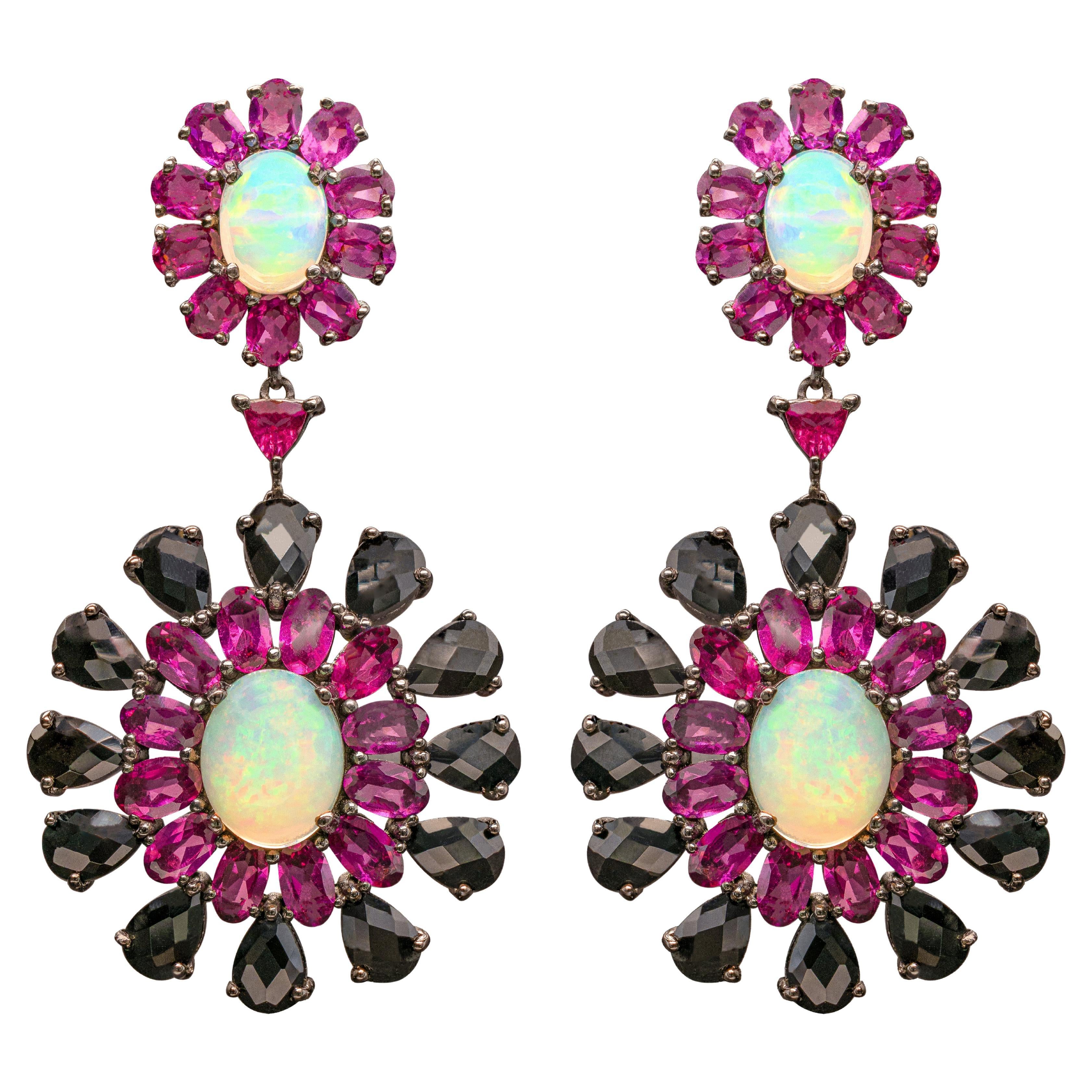 Ethiopian Opal Dangle Earrings Rhodolite and Black Spinel 29 Carats