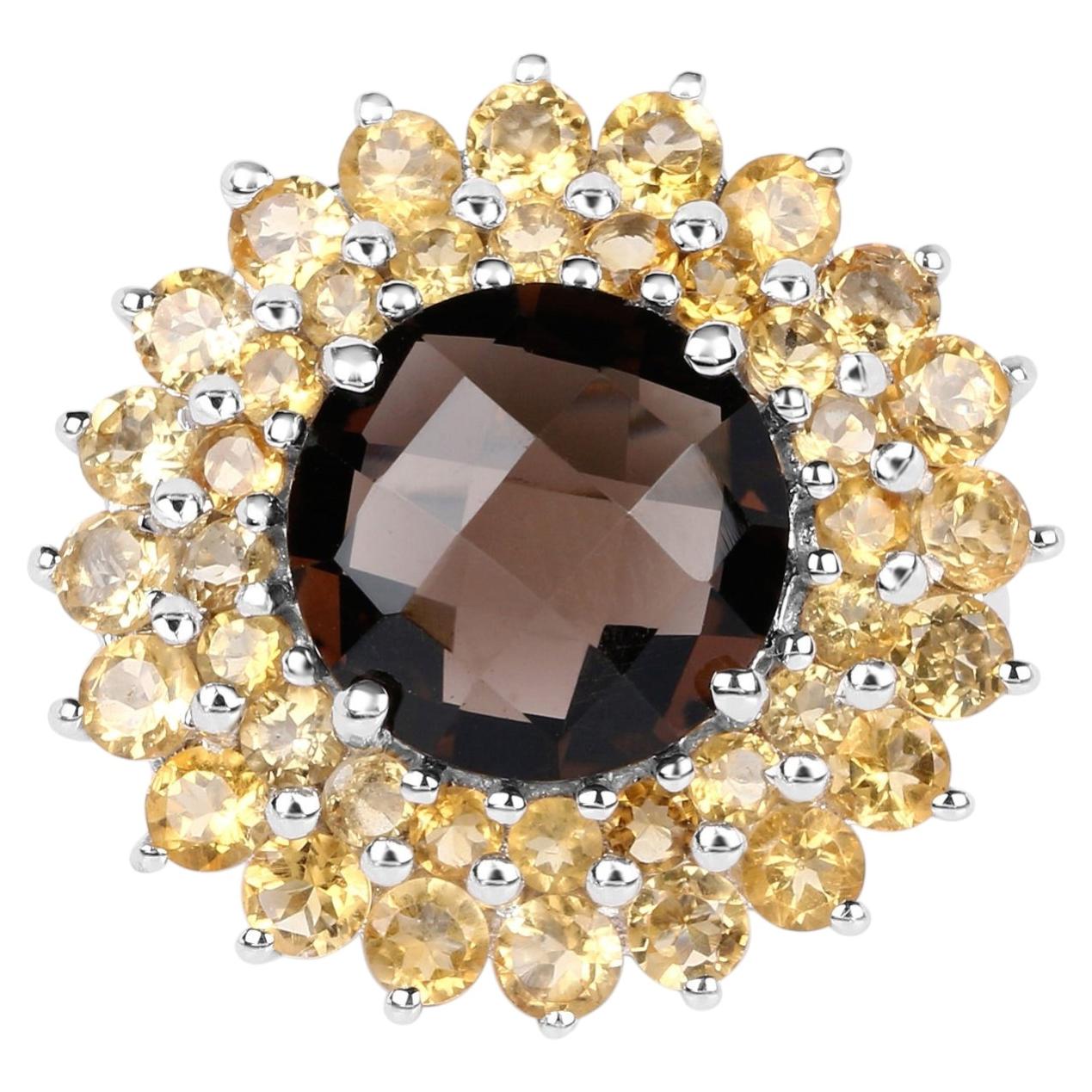 Smoky Quartz Ring With Citrine 8.5 Carats Sterling Silver