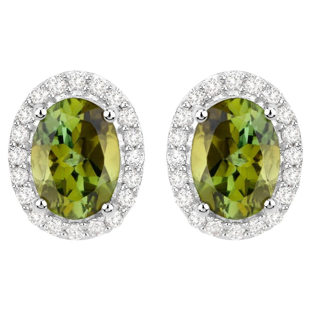 Green Tourmaline Earrings With Diamonds 1.88 Carats 14K White Gold