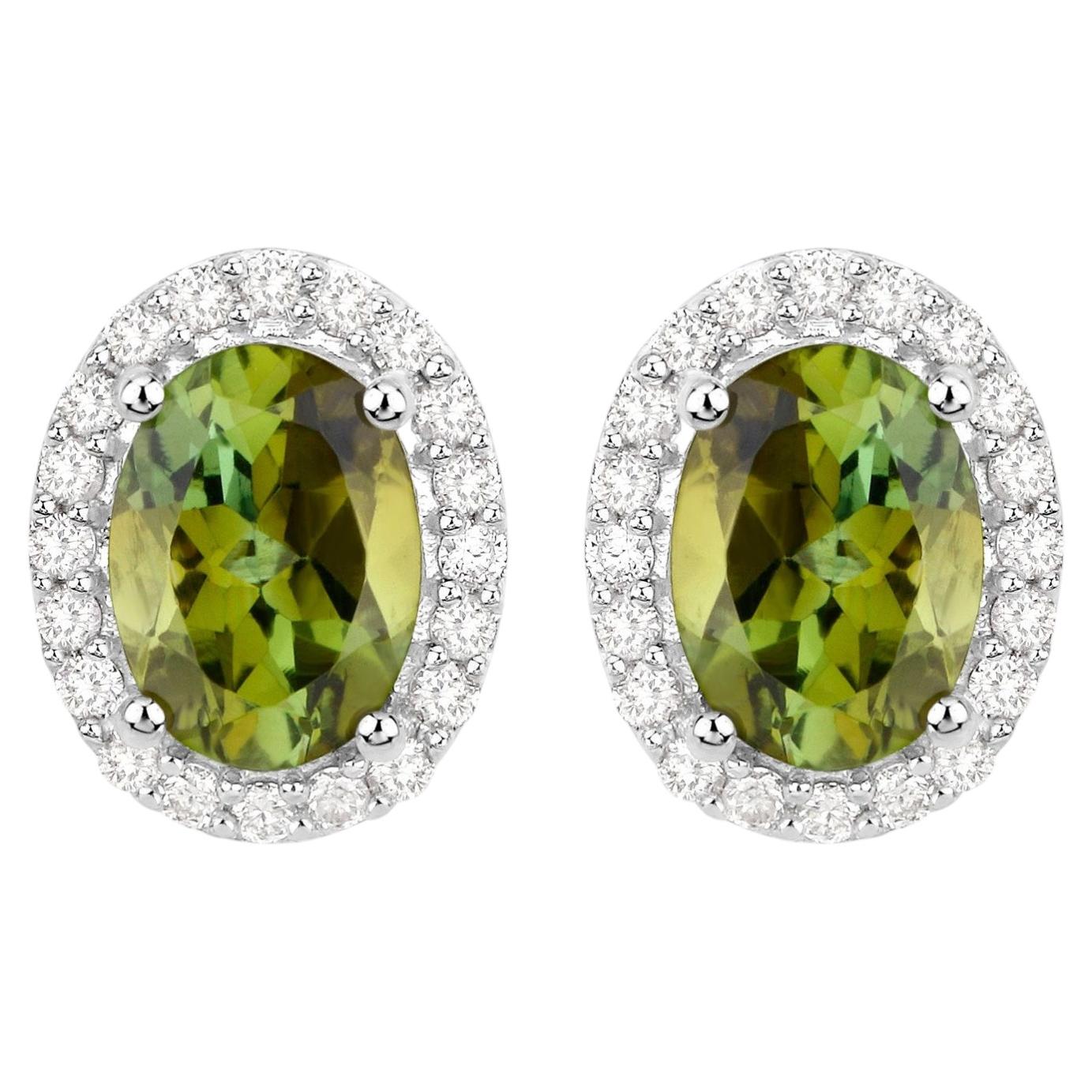 Green Tourmaline Earrings With Diamonds 1.88 Carats 14K White Gold