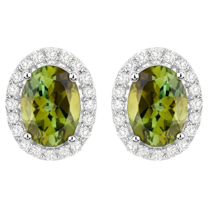 Green Tourmaline Earrings With Diamonds 1.88 Carats 14K White Gold