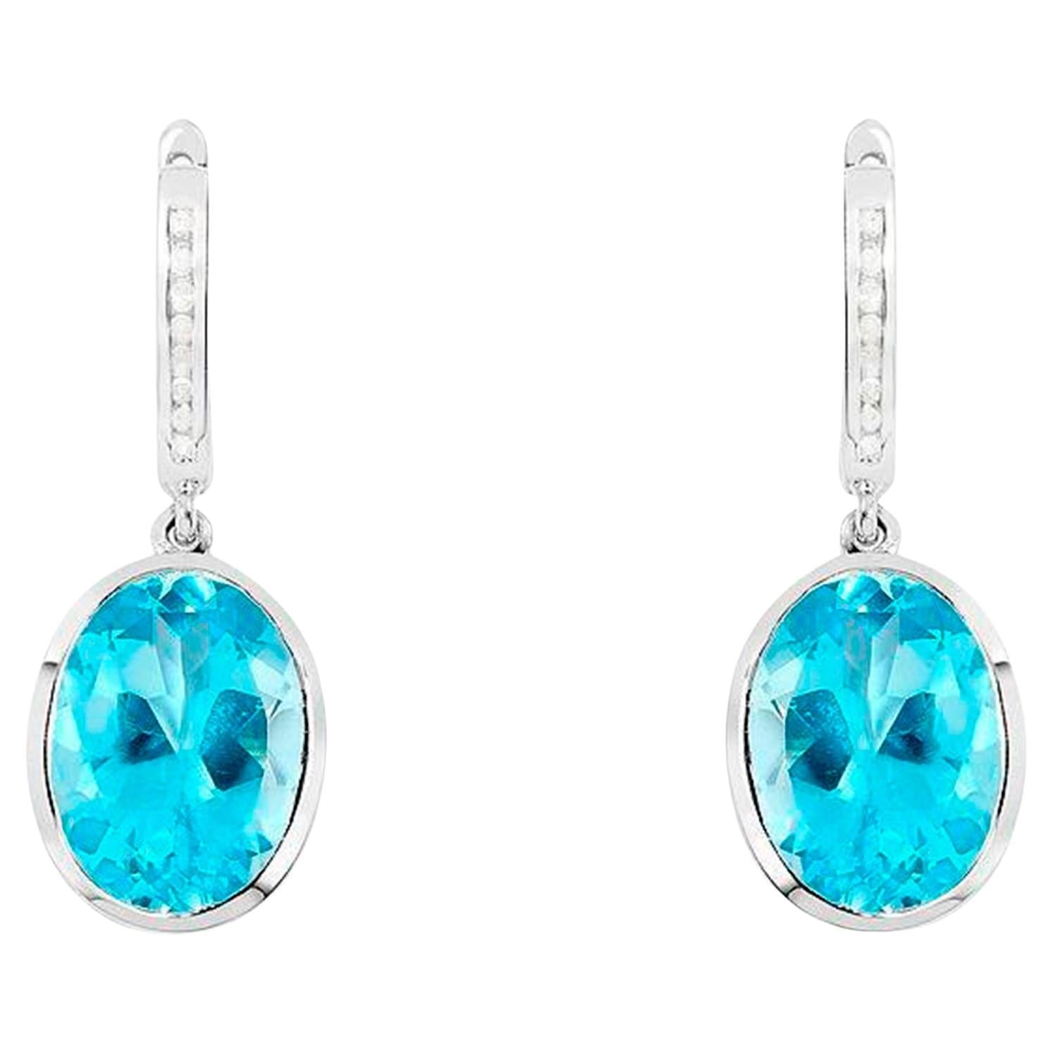 Swiss Blue Topaz Dangle Earrings With Diamonds 15 Carats