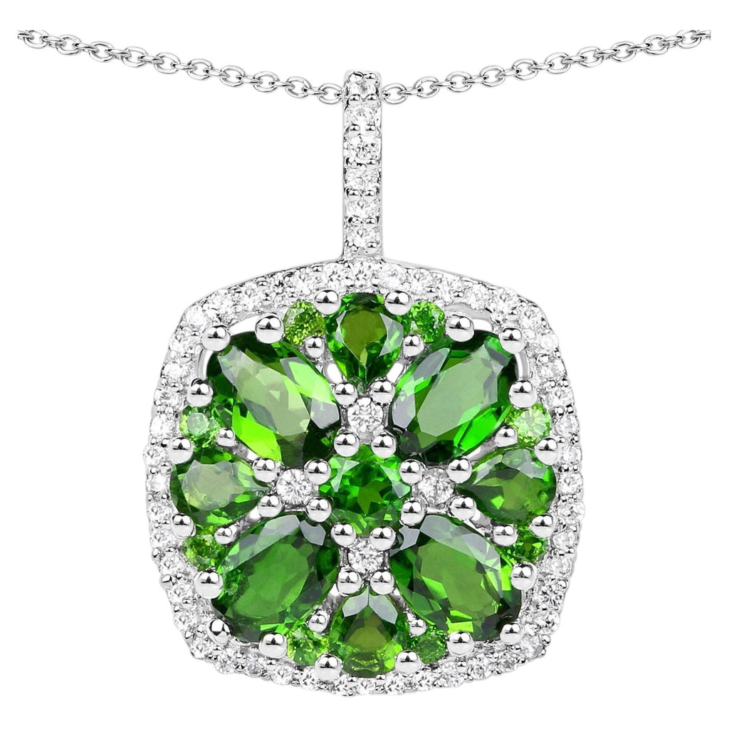 Chrome Diopside Flower Pendant White Zircon 3.12 Carats Sterling Silver