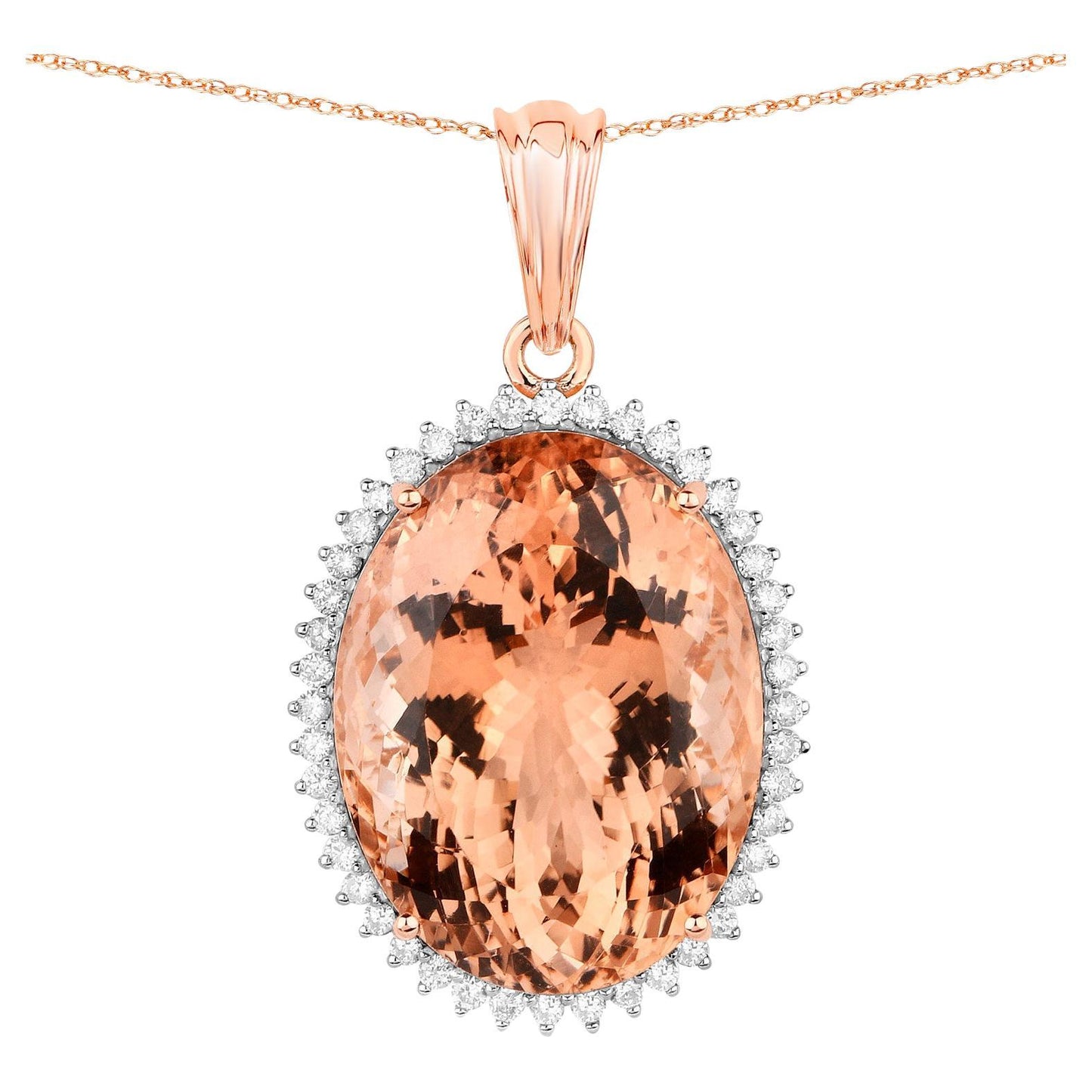 Morganite Pendant Necklace Diamond Halo 22 Carats 14K Rose Gold