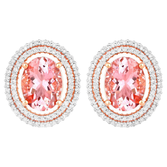 Morganite Stud Earrings Double Diamond Halo 3.7 Carats 14K Rose Gold