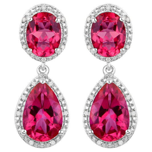 Hot Pink Topaz Earrings Diamond Setting 11.35 Carats Total