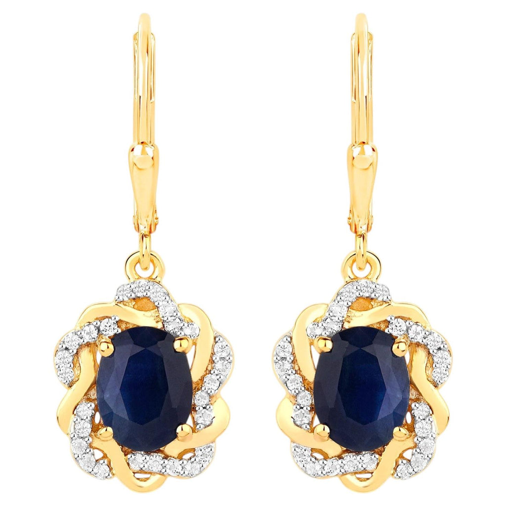 Natural Blue Sapphire Earrings With White Topaz 3.42 Carats Gold Plated Silver