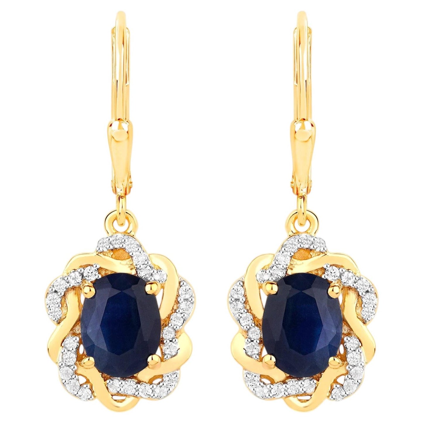 Natural Blue Sapphire Earrings With White Topaz 3.42 Carats Gold Plated Silver