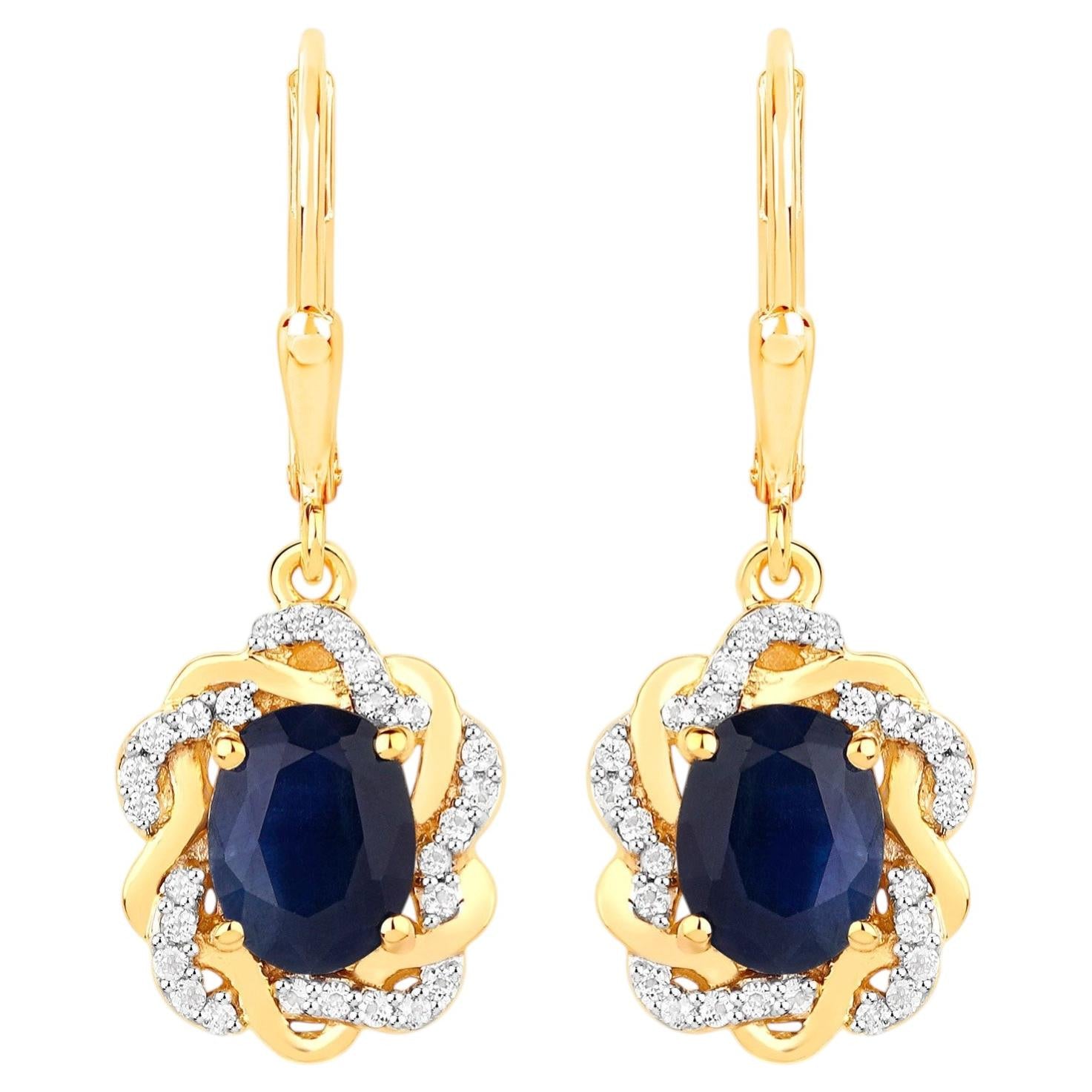 Natural Blue Sapphire Earrings With White Topaz 3.42 Carats Gold Plated Silver