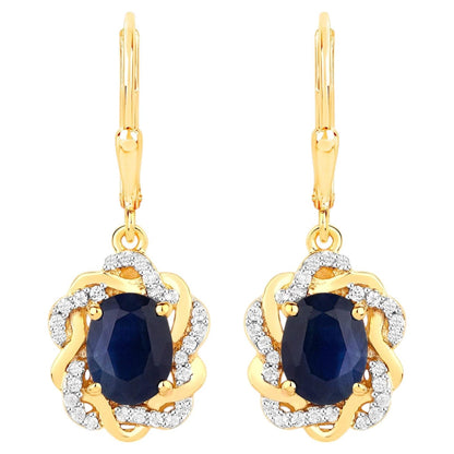 Natural Blue Sapphire Earrings With White Topaz 3.42 Carats Gold Plated Silver