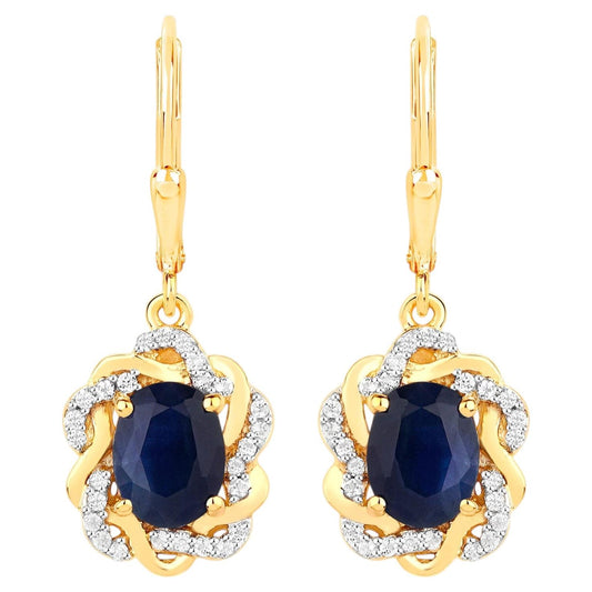 Natural Blue Sapphire Earrings With White Topaz 3.42 Carats Gold Plated Silver