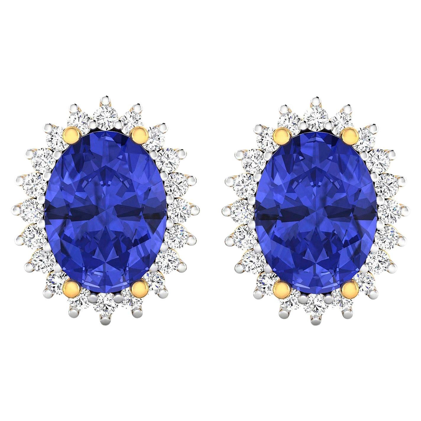 Natural Tanzanite Stud Earrings Diamond Halo 2.60 Carats 14K Yellow Gold