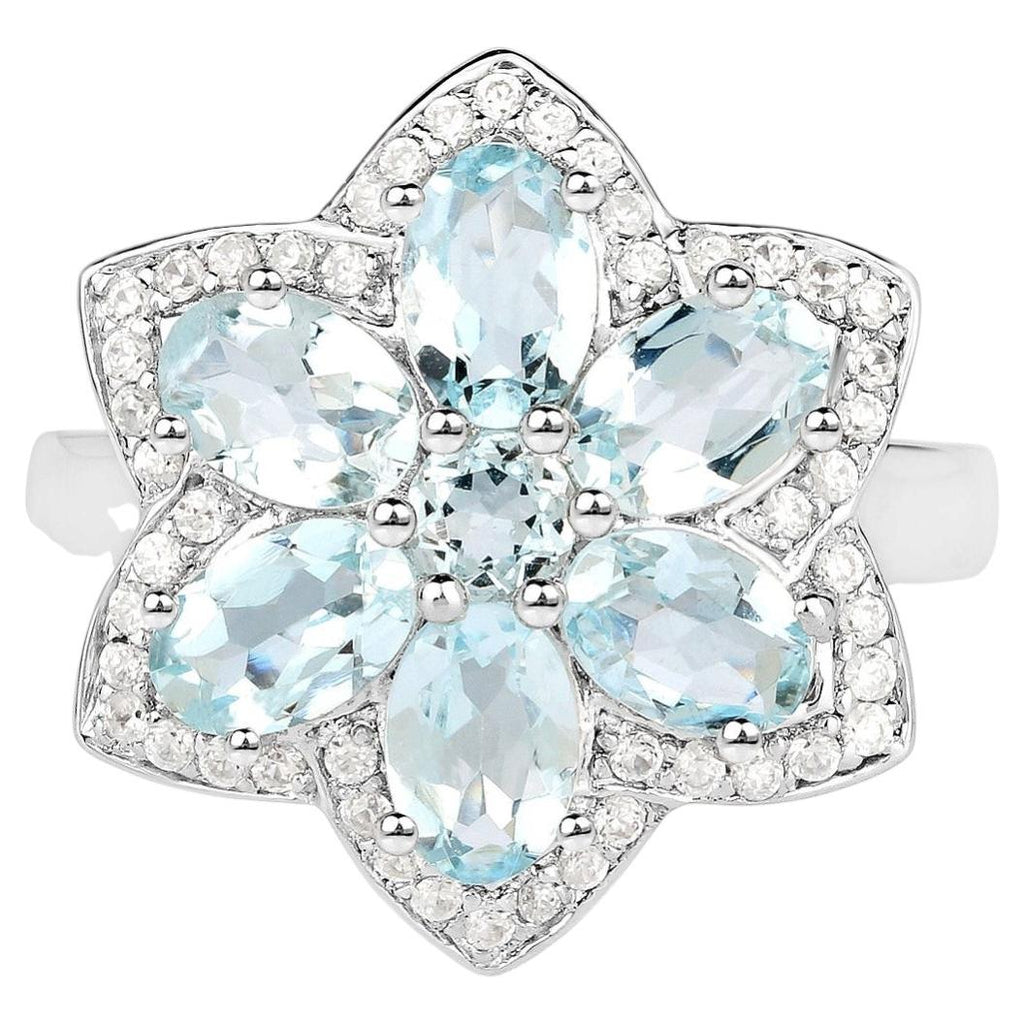 Aquamarine Flower Ring With White Zircon 2.82 Carats Sterling Silver
