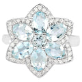 Aquamarine Flower Ring With White Zircon 2.82 Carats Sterling Silver