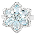 Aquamarine Flower Ring With White Zircon 2.82 Carats Sterling Silver