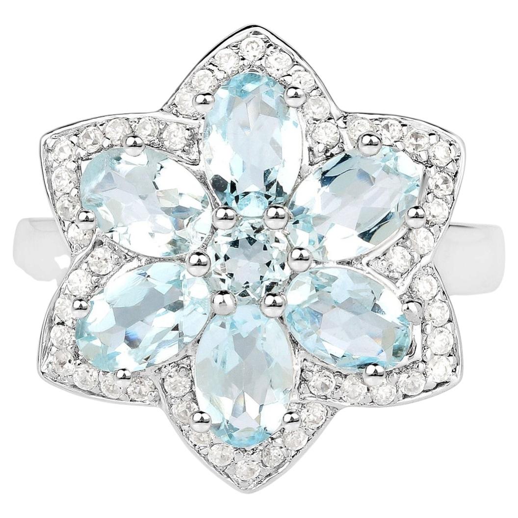Aquamarine Flower Ring With White Zircon 2.82 Carats Sterling Silver
