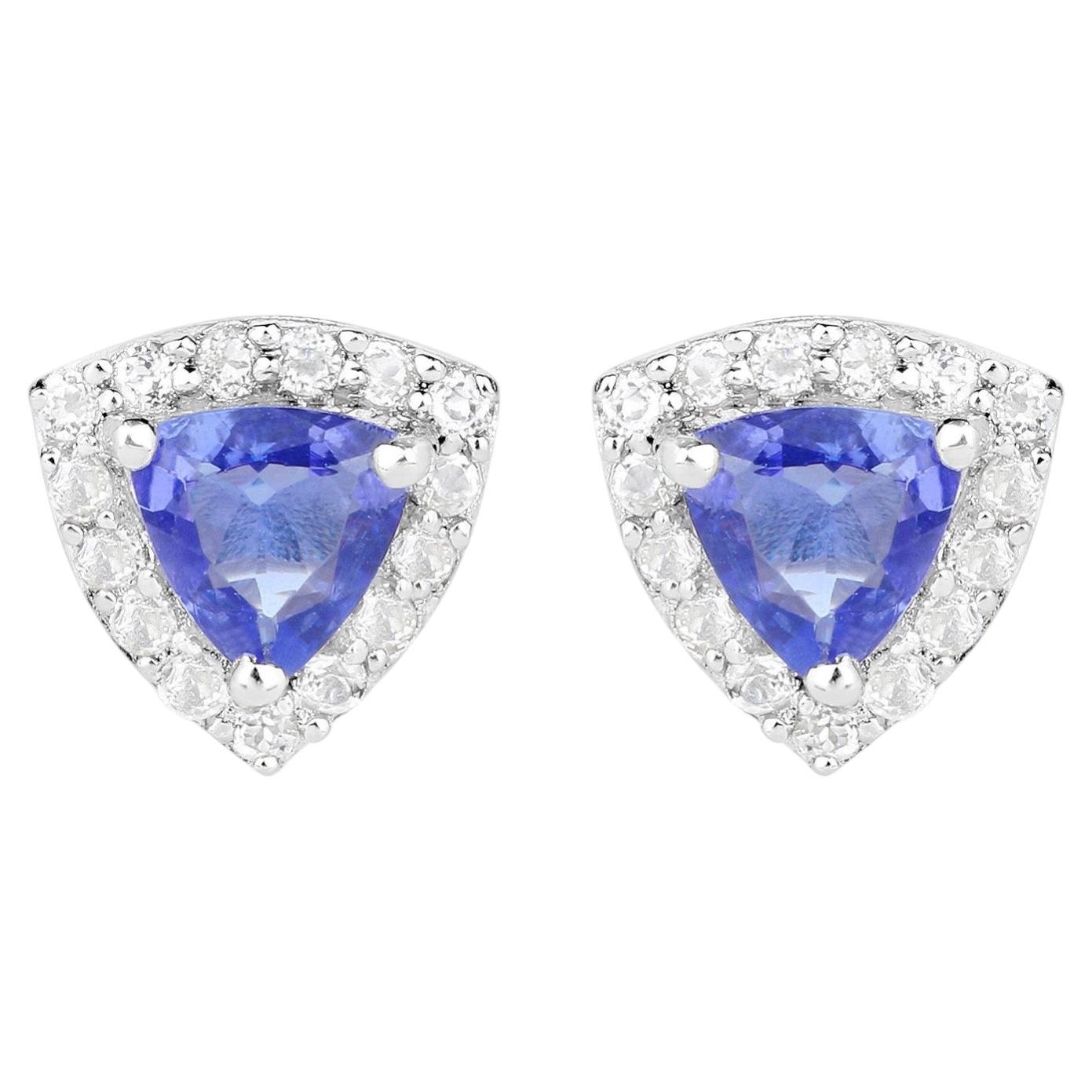 Natural Tanzanite Stud Earrings With White Topaz 1.28 Carats Sterling Silver