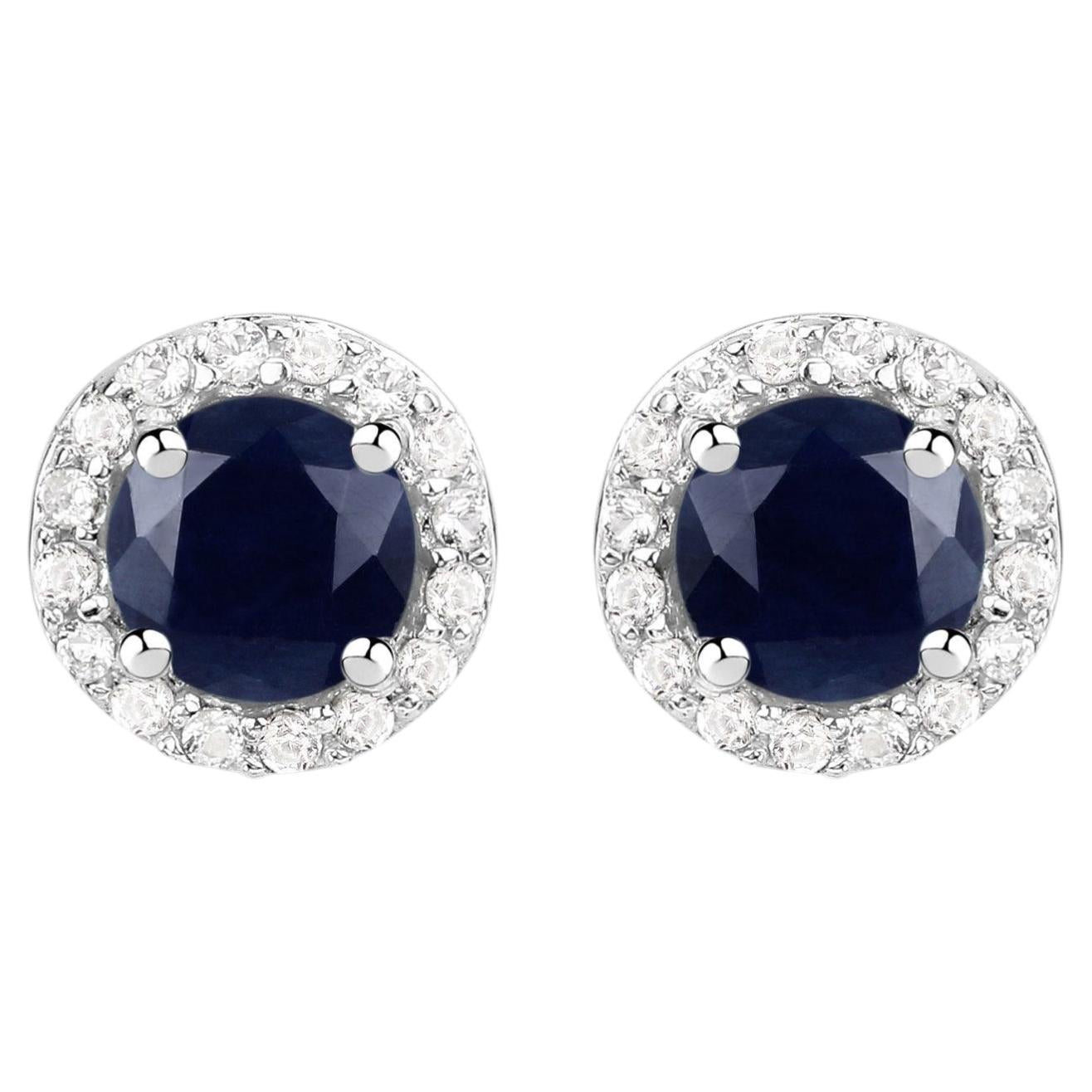 Blue Sapphire Stud Earrings With White Topaz 1.42 Carats Sterling Silver