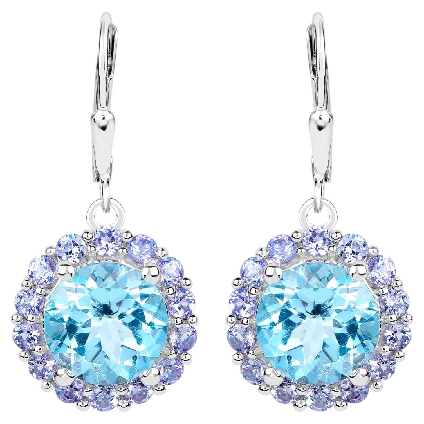 Blue Topaz Earrings With Tanzanite 9.92 Carats Sterling Silver