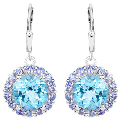 Blue Topaz Earrings With Tanzanite 9.92 Carats Sterling Silver