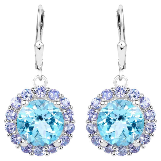 Blue Topaz Earrings With Tanzanite 9.92 Carats Sterling Silver