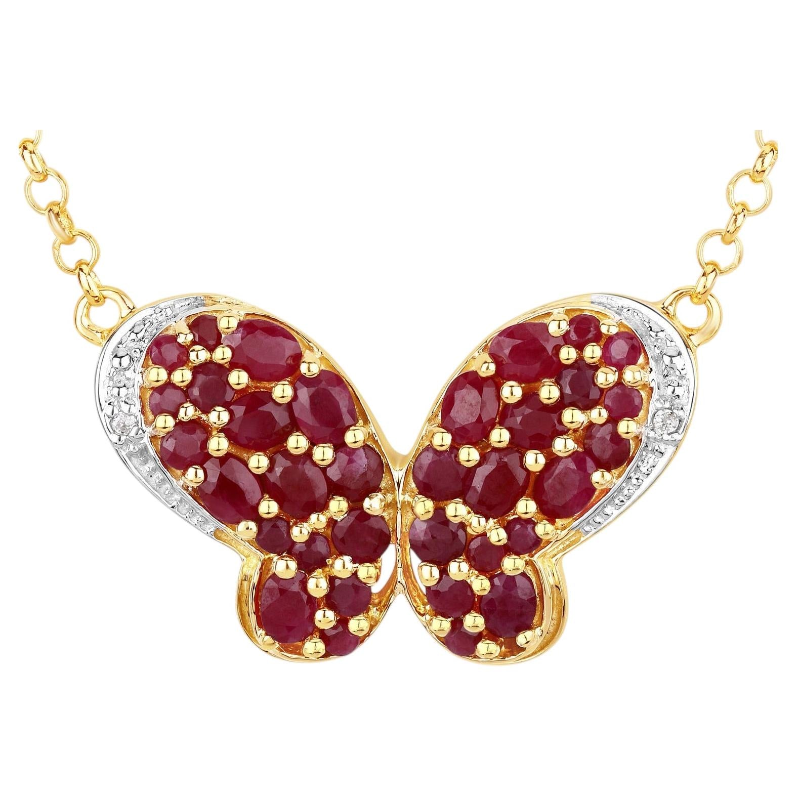Ruby Butterfly Pendant With White Zircon 4.08 Carats Gold Plated Silver