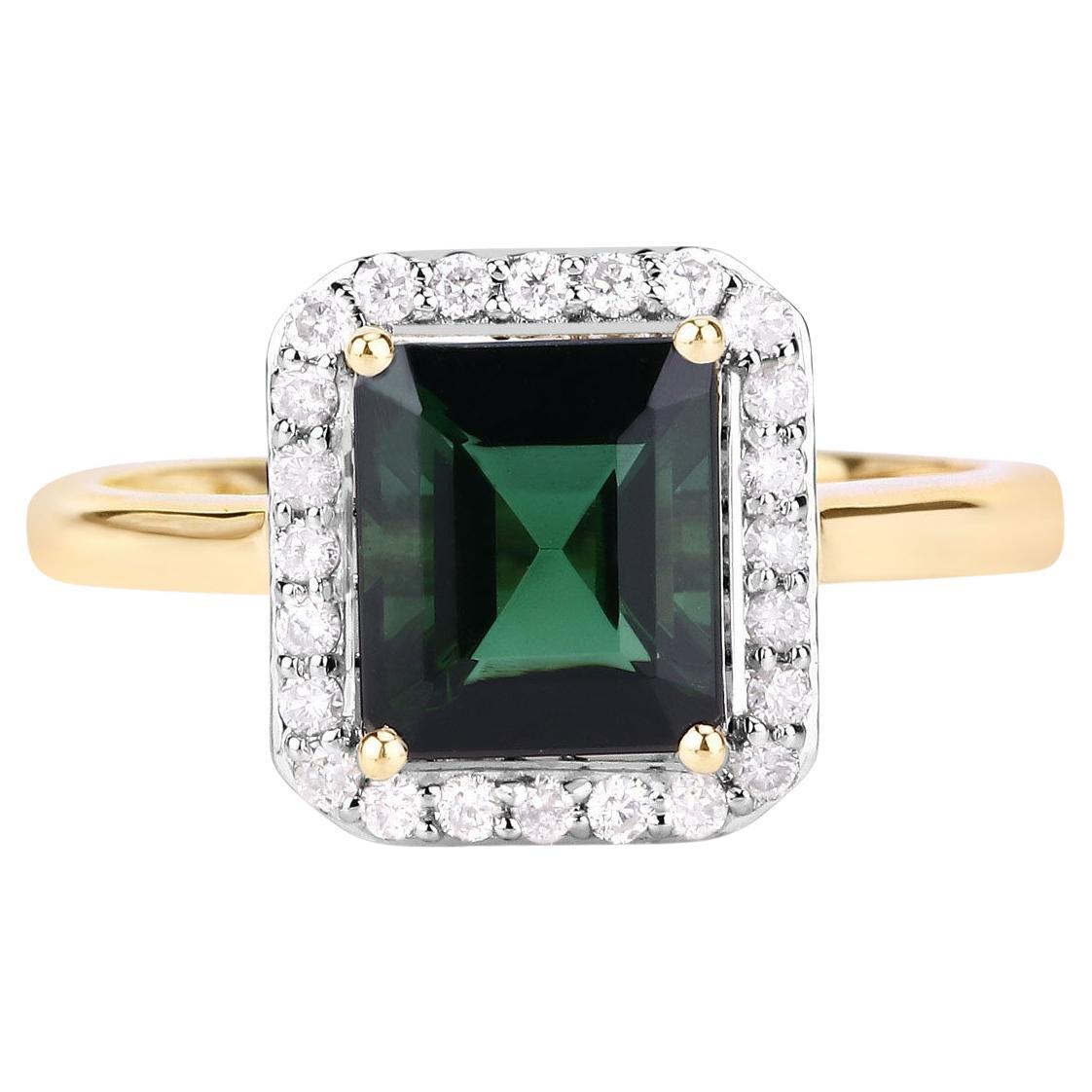 Natural Green Tourmaline Ring With Diamonds 2.98 Carats 14K Yellow Gold