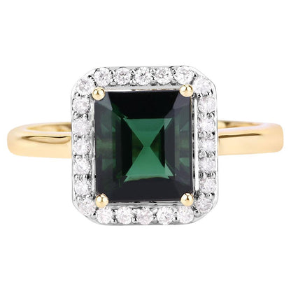 Natural Green Tourmaline Ring With Diamonds 2.98 Carats 14K Yellow Gold