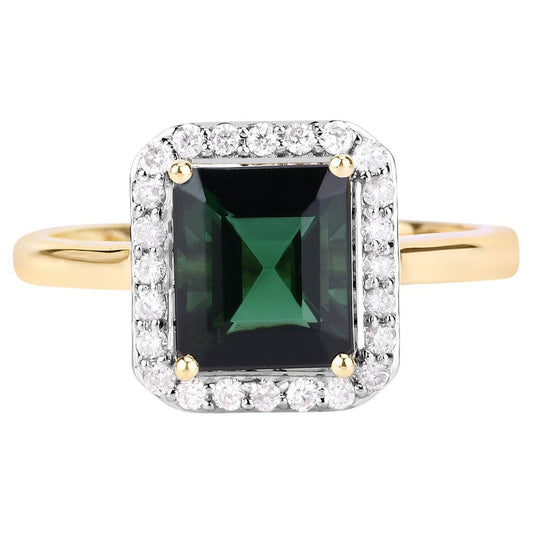 Natural Green Tourmaline Ring With Diamonds 2.98 Carats 14K Yellow Gold