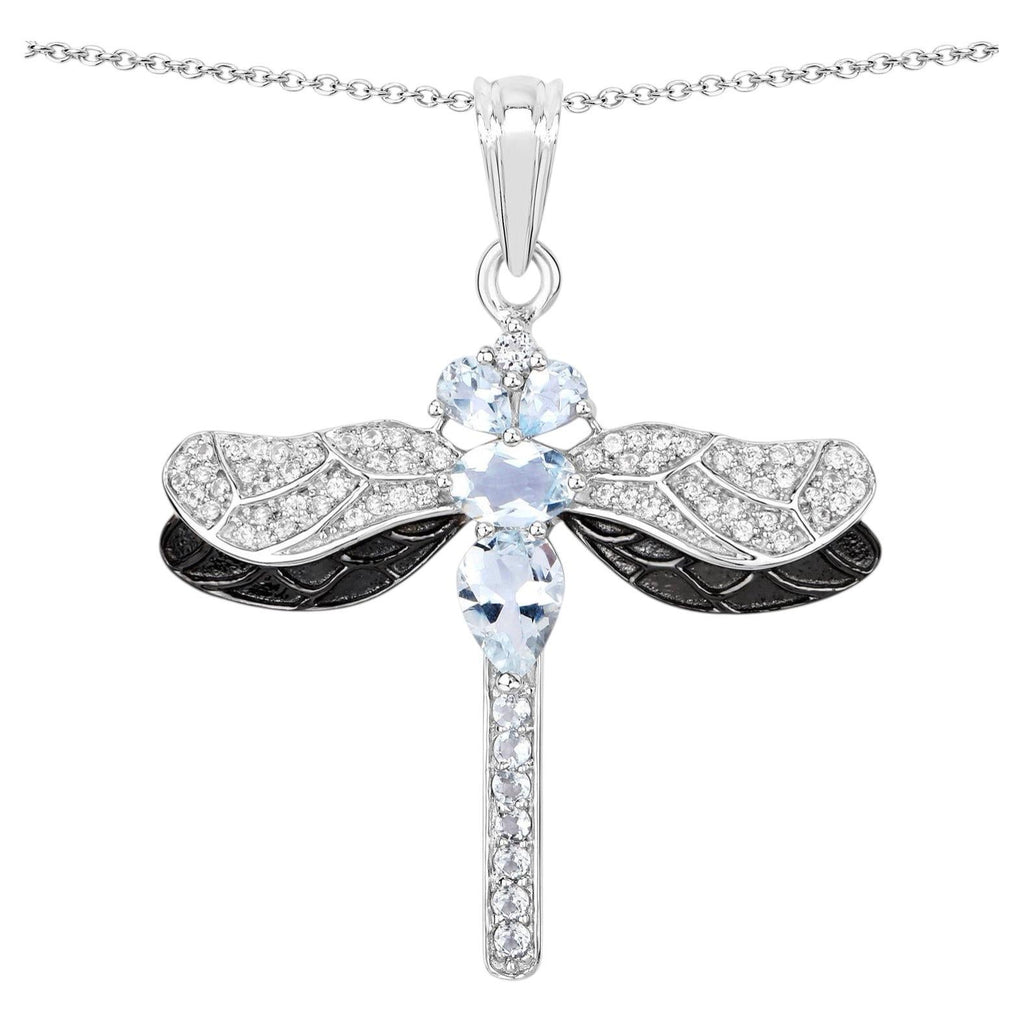 Aquamarine Dragonfly Pendant With White Zircon 1.76 Carats Sterling Silver