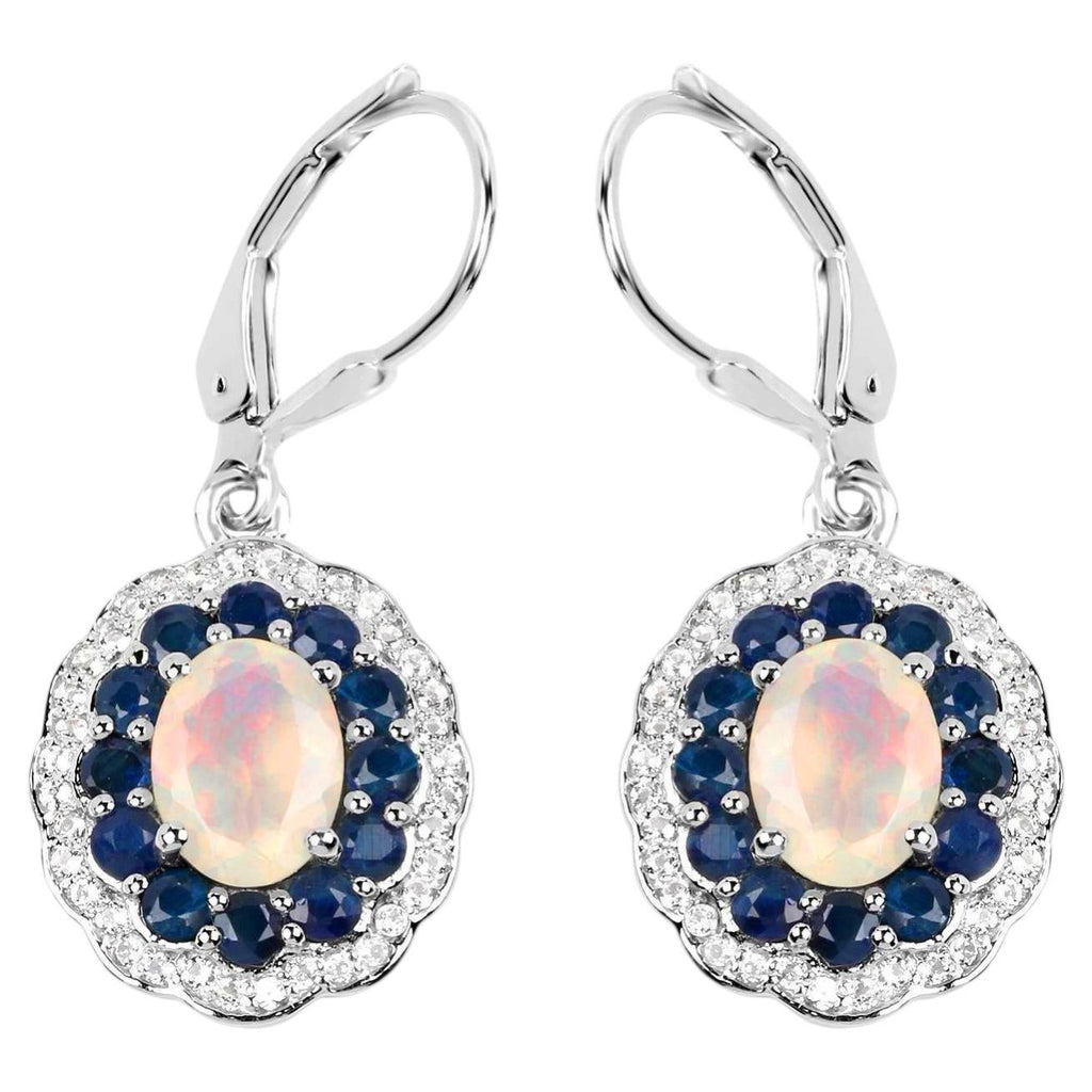 Ethiopian Opal Dangle Earrings Blue Sapphire 2.7 Carats Silver
