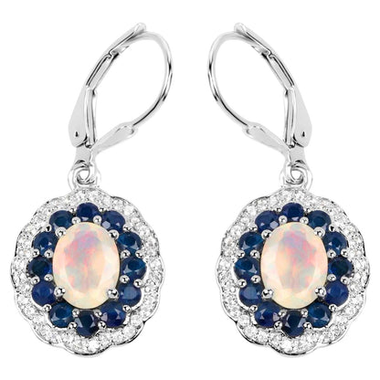 Ethiopian Opal Dangle Earrings Blue Sapphire 2.7 Carats Silver