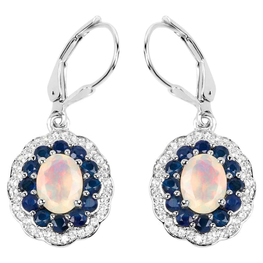 Ethiopian Opal Dangle Earrings Blue Sapphire 2.7 Carats Silver