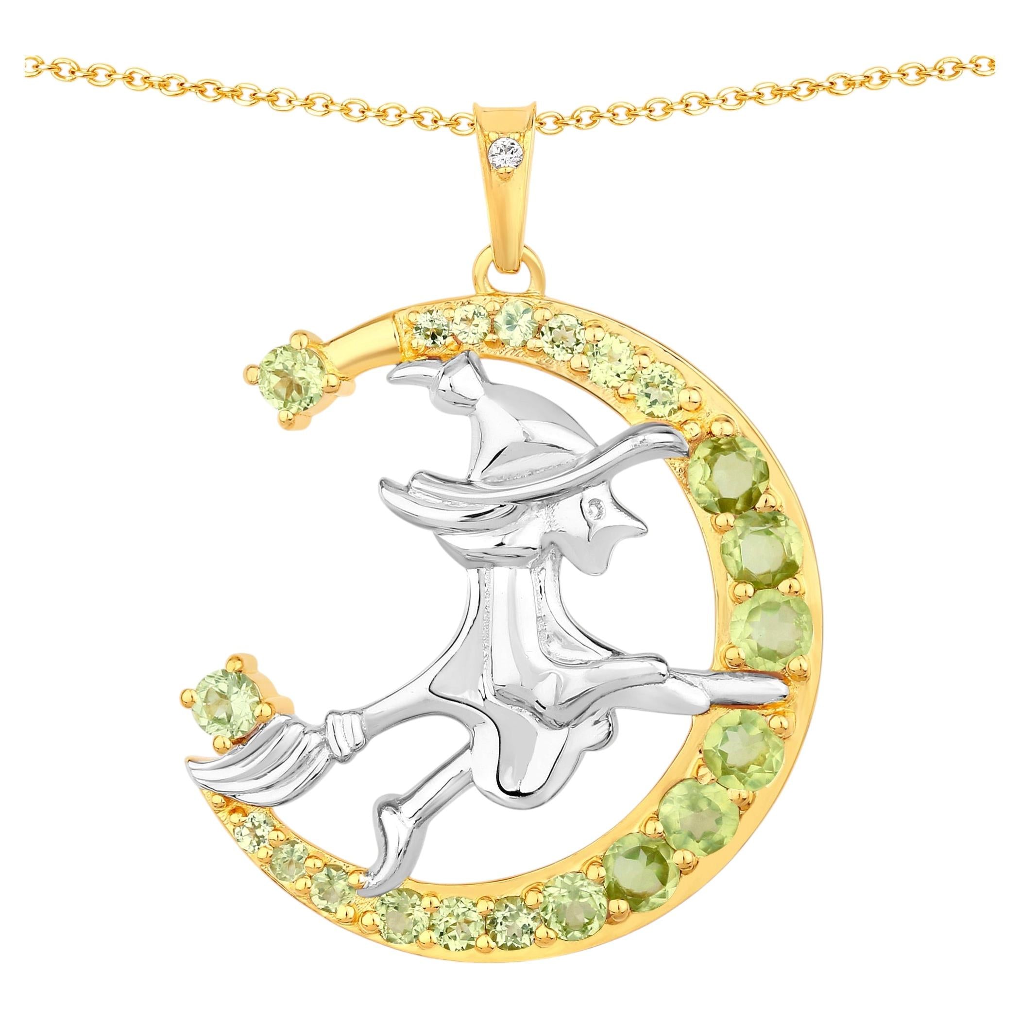 Peridot Witch Pendant With White Topaz 1.02 Carats Gold Plated Silver