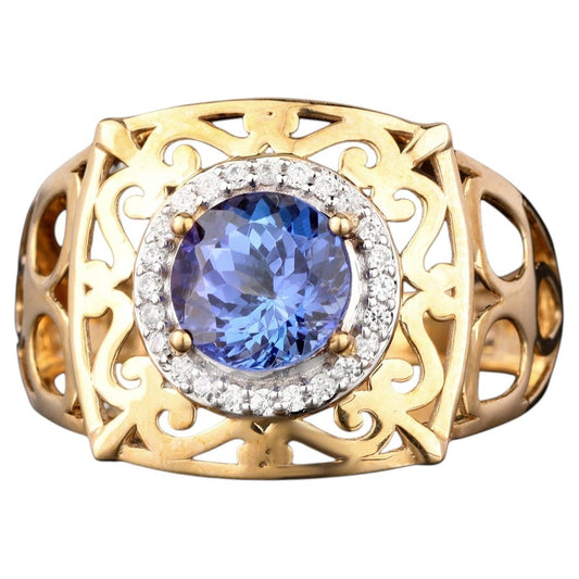 Natural Tanzanite Ring With White Zircon 1.54 Carats 9K Yellow Gold