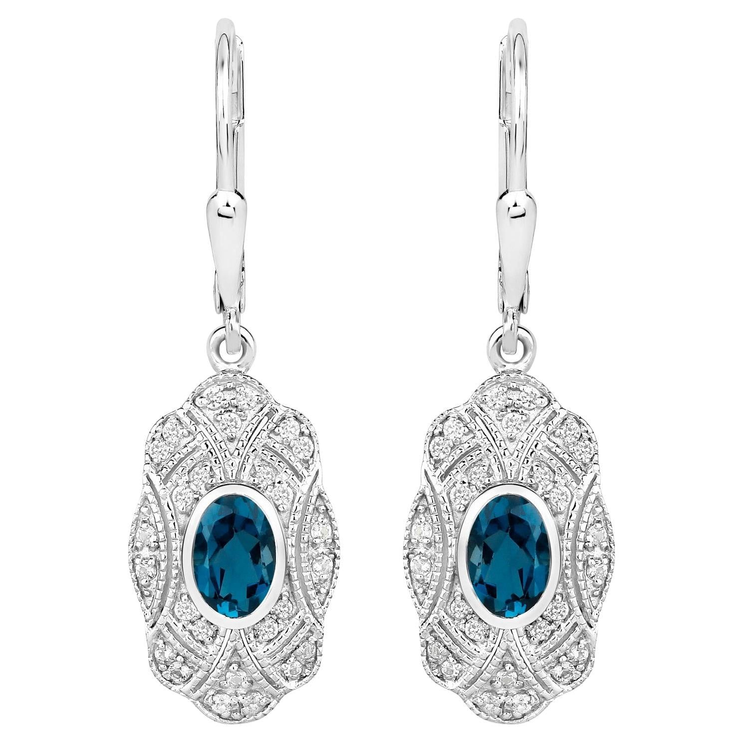 London Blue Topaz Earrings With White Topaz 1.26 Carats Sterling Silver