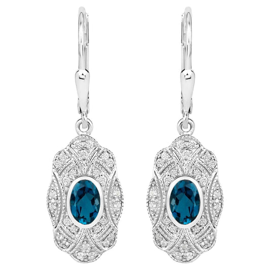 London Blue Topaz Earrings With White Topaz 1.26 Carats Sterling Silver