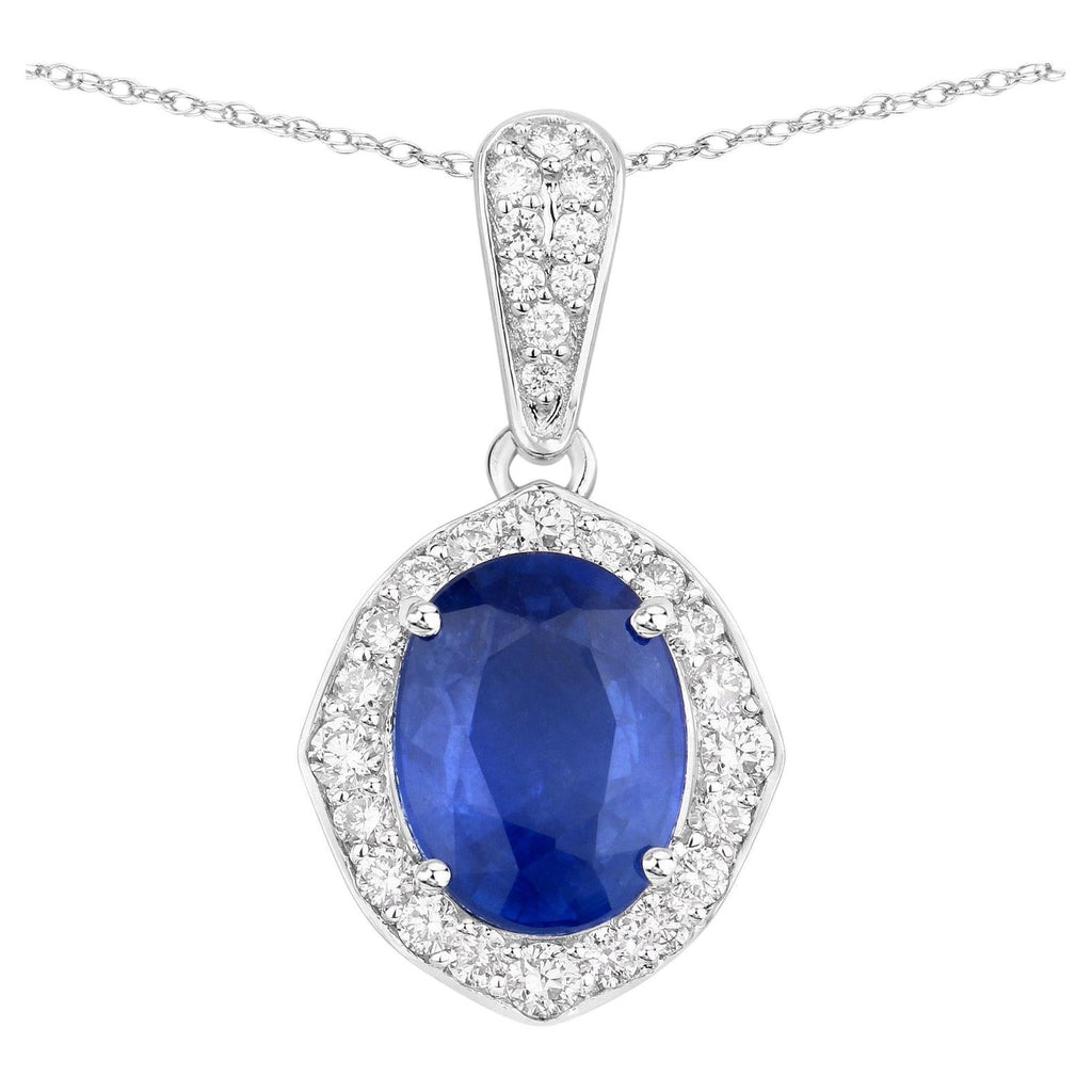 Blue Sapphire Pendant With Diamonds 3.96 Carats 18K White Gold