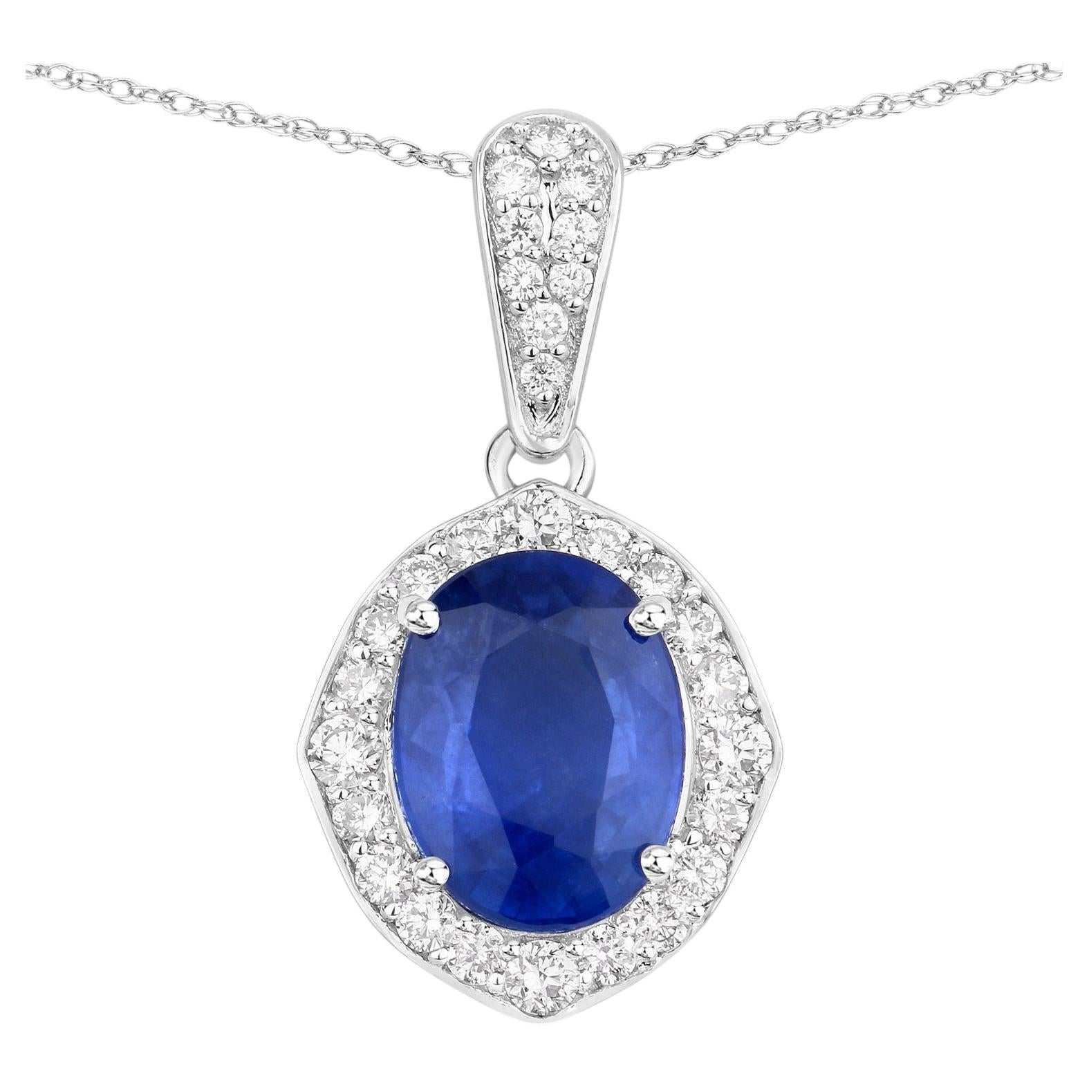 Blue Sapphire Pendant With Diamonds 3.96 Carats 18K White Gold